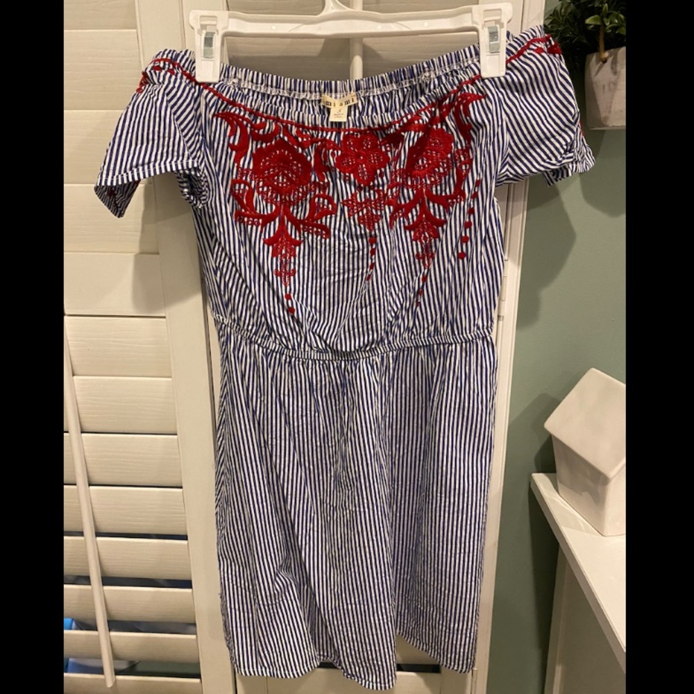 Mimi Off the Shoulder Striped Dress Blue and White with Red Embroidery